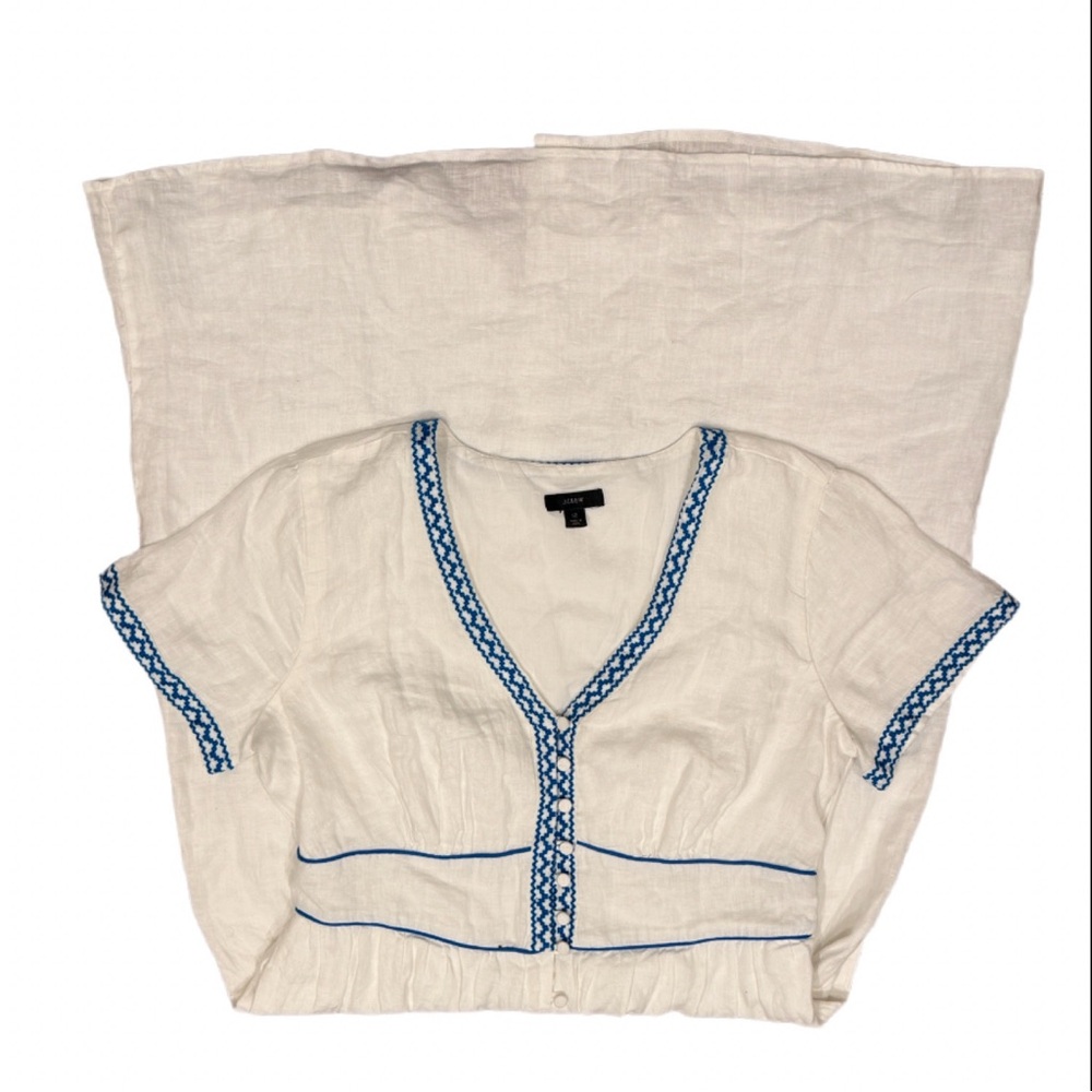 J.Crew White 100% Linen Embroidered Midi Dress Blue Ric Rac Button Front Size 12 - Picture 5 of 11